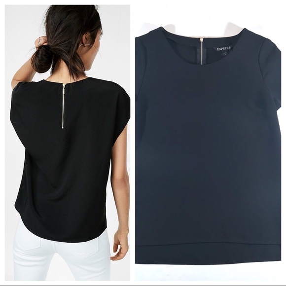 Express Tops - Express Black Zip Back Crew Neck Tee (S)